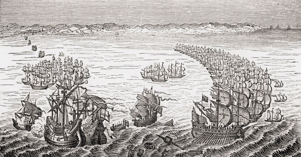 由弗朗西斯·德雷克爵士指挥的英国舰队于1588年攻击西班牙无敌舰队，由Brougham勋爵和其他人从“旧英格兰的骄傲”中攻击，出版于伦敦，1880年代 作者 英语学校