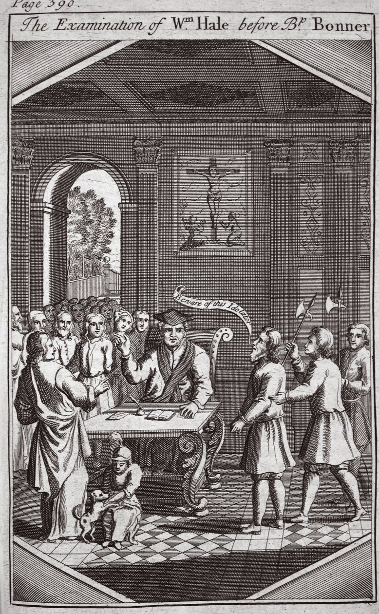 在Bonner主教之前对Wm Hale的考试，来自Foxes Martyrs c.1703的插图 作者 英语学校
