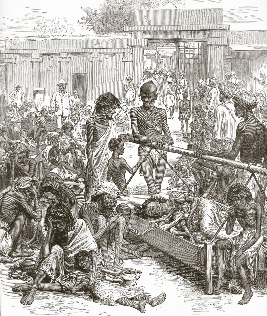 印度的饥荒：  1877年10月，在班加罗尔等待救援的当地人。 作者 英语学校