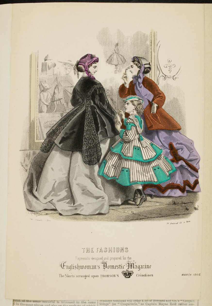 时尚》，选自《英国妇女家庭杂志》，1866 年 3 月（彩色石印版） 作者 英语学校