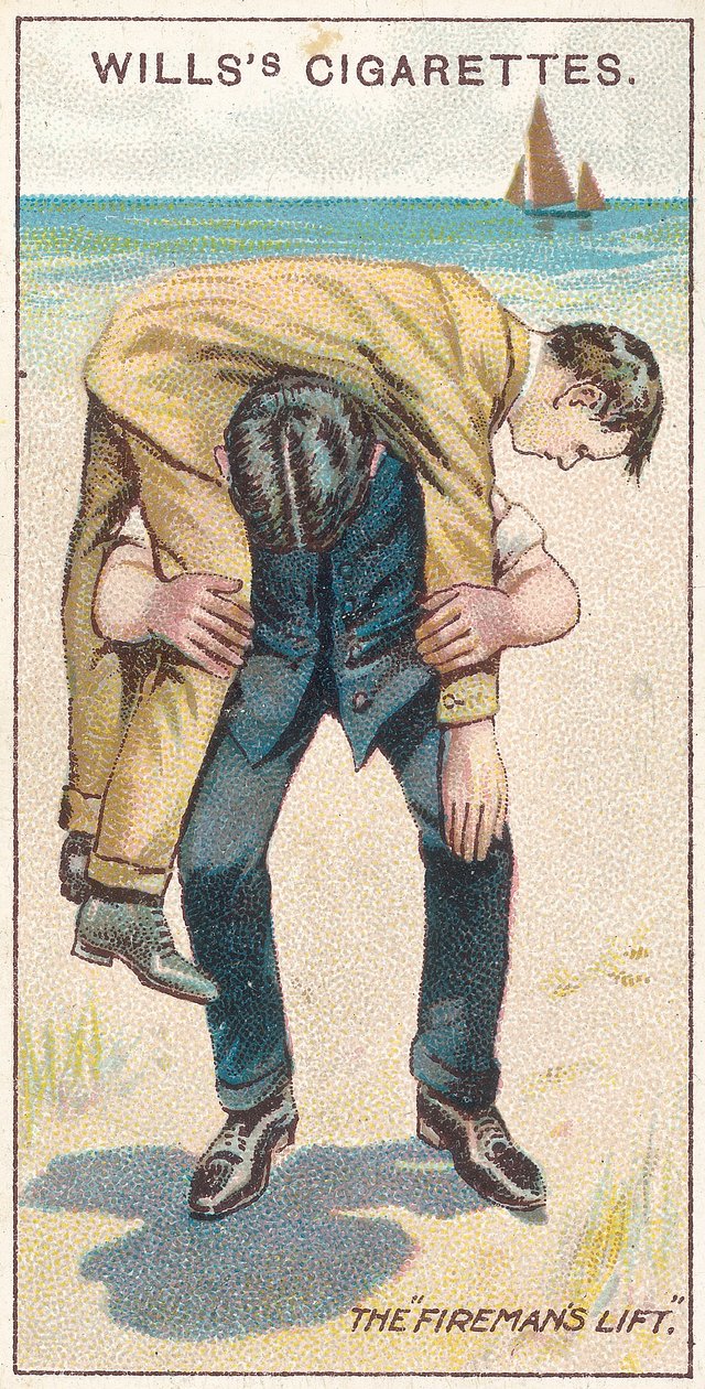 1913年，Firemans Lift No.1号，来自First Aid系列Willss香烟卡的第18号 作者 英语学校