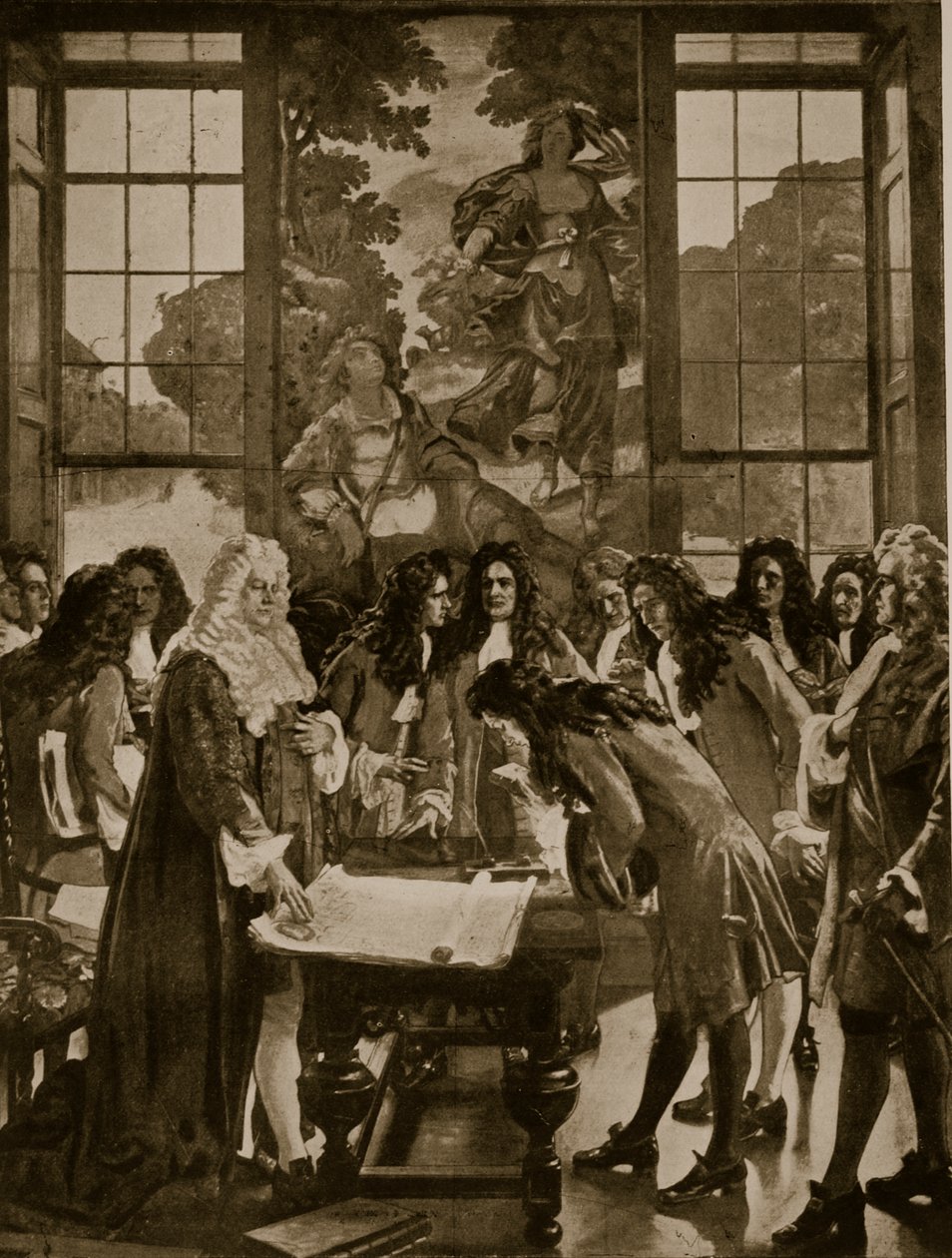 英格兰银行的成立，1694年，英国国家哈钦森斯故事的插图，c.1923 作者 英语学校