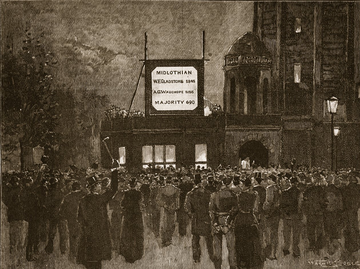 1892年大选：在全国自由俱乐部公布结果，插图来自卡塞尔斯画报英国历史（棕褐色照片） 作者 英语学校