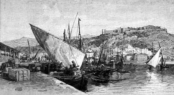 西班牙马拉加的海港，出自《地中海风景画》第三卷，由Cassell and Co出版。Ltd.出版。 作者 英语学校