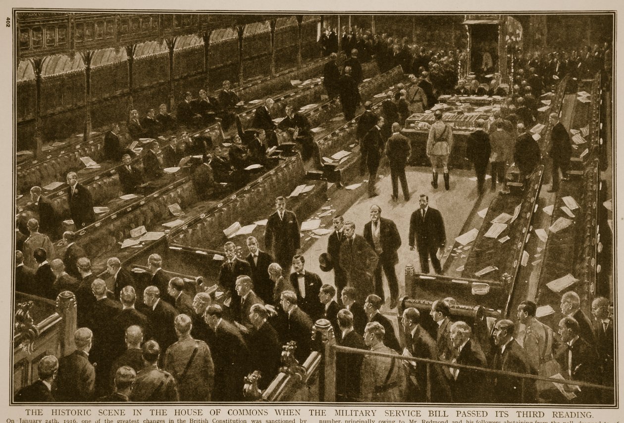 1914  -  1919年“兵役法案”通过三读时，下议院的历史场景 作者 英语学校