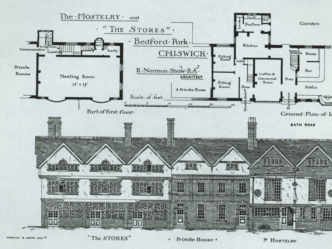 The Buildingry and The Stores，Bedford Park，Chiswick，来自The Building News，1877 作者 英语学校