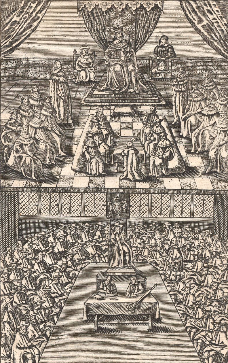 The House of Lords and House of Commons under King Charles I, c.1640 (colour woodcut) 作者 英语学校