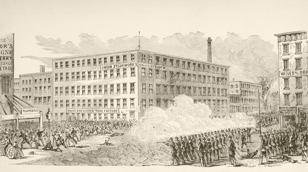 1863 年 7 月纽约征兵暴动期间发生在第二大道的事件（石版画） 作者 英语学校