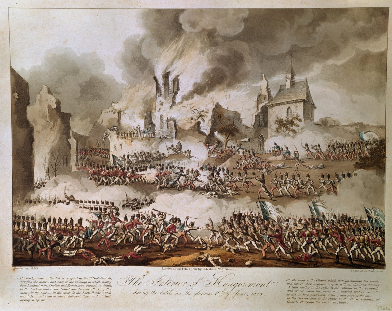 Hougoumont的内部在1815年6月18日的辉煌战役期间，由T. Sutherland雕刻，1816年出版（aquatint） 作者 英语学校
