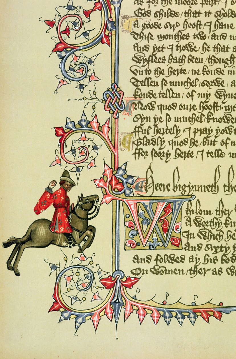 商人，来自坎特伯雷故事的传真细节，由Geoffrey Chaucer（c.1342-1400） 作者 英语学校