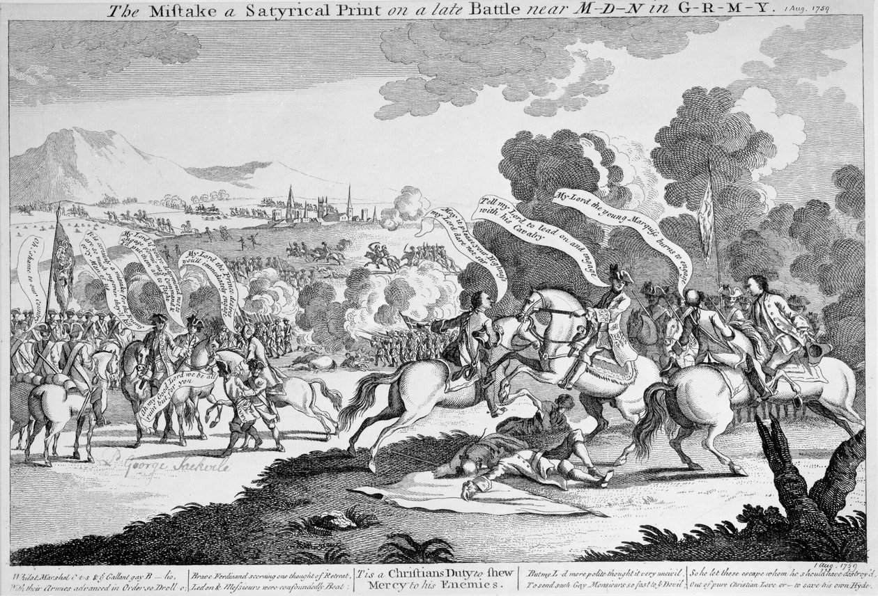 关于G-r-m-y的M-d-n附近晚期战斗的讽刺画，约1759年（蚀刻版）。 作者 英语学校