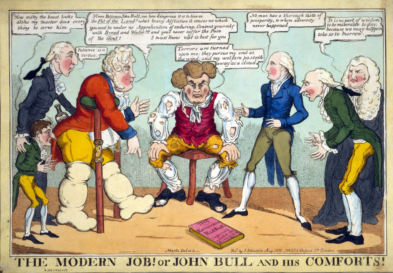 现代工作！ 或者约翰牛和他的舒适！，酒吧。 1816（手工彩色雕刻） 作者 英语学校