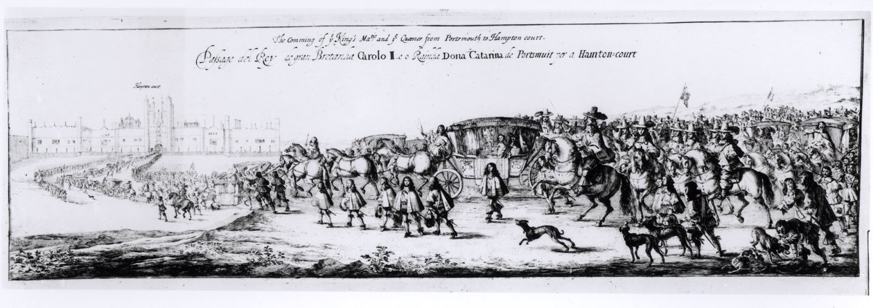 查理二世（1630-85）的游行和他的新女王，布拉干萨的凯瑟琳（1638-1705）从朴茨茅斯到汉普顿宫，1662年 作者 英语学校