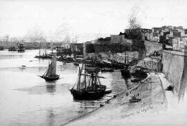 马耳他瓦莱塔大港的码头，摘自《风景如画的地中海》第三卷，由Cassell and Co出版。Ltd.出版。 作者 英语学校