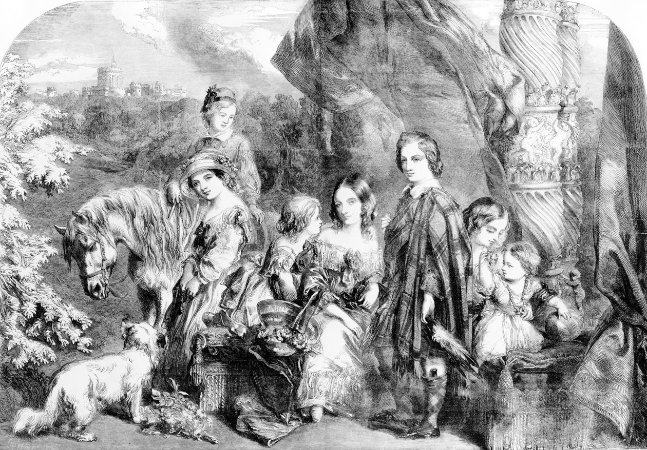 温莎大公园的女王和她的孩子，来自1852年的“插图伦敦新闻” 作者 英语学校