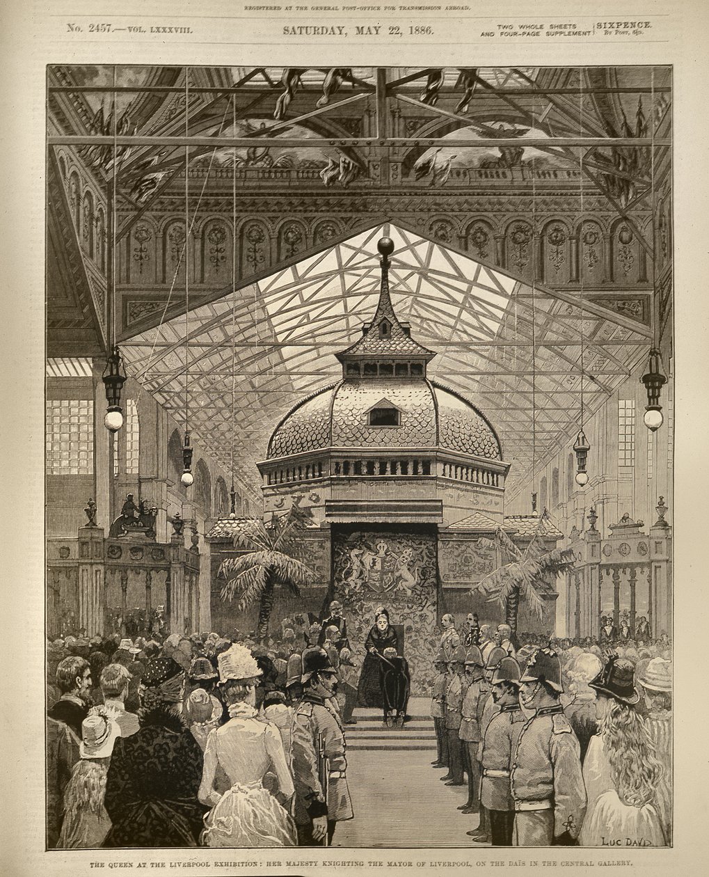 利物浦展览中的女王：陛下在1886年5月22日的伦敦新闻画报中，在中央画廊的戴斯上掠夺利物浦市长 作者 英语学校