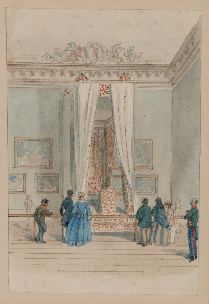 女王寝宫与安妮女王的国床，约 1860-70 年（纸面水彩画） 作者 英语学校