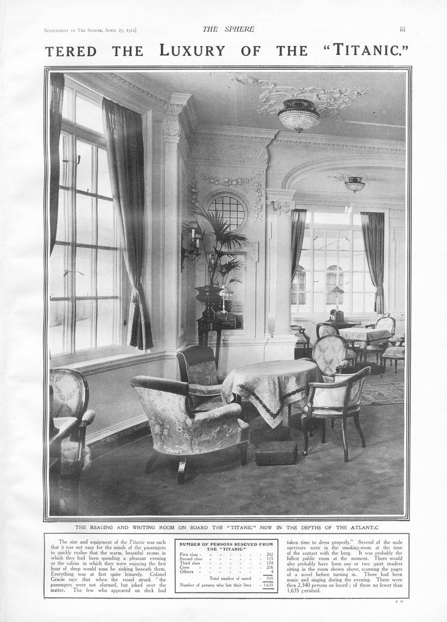 1912年4月27日，The Sphere上的泰坦尼克号阅读和写作室 作者 英语学校