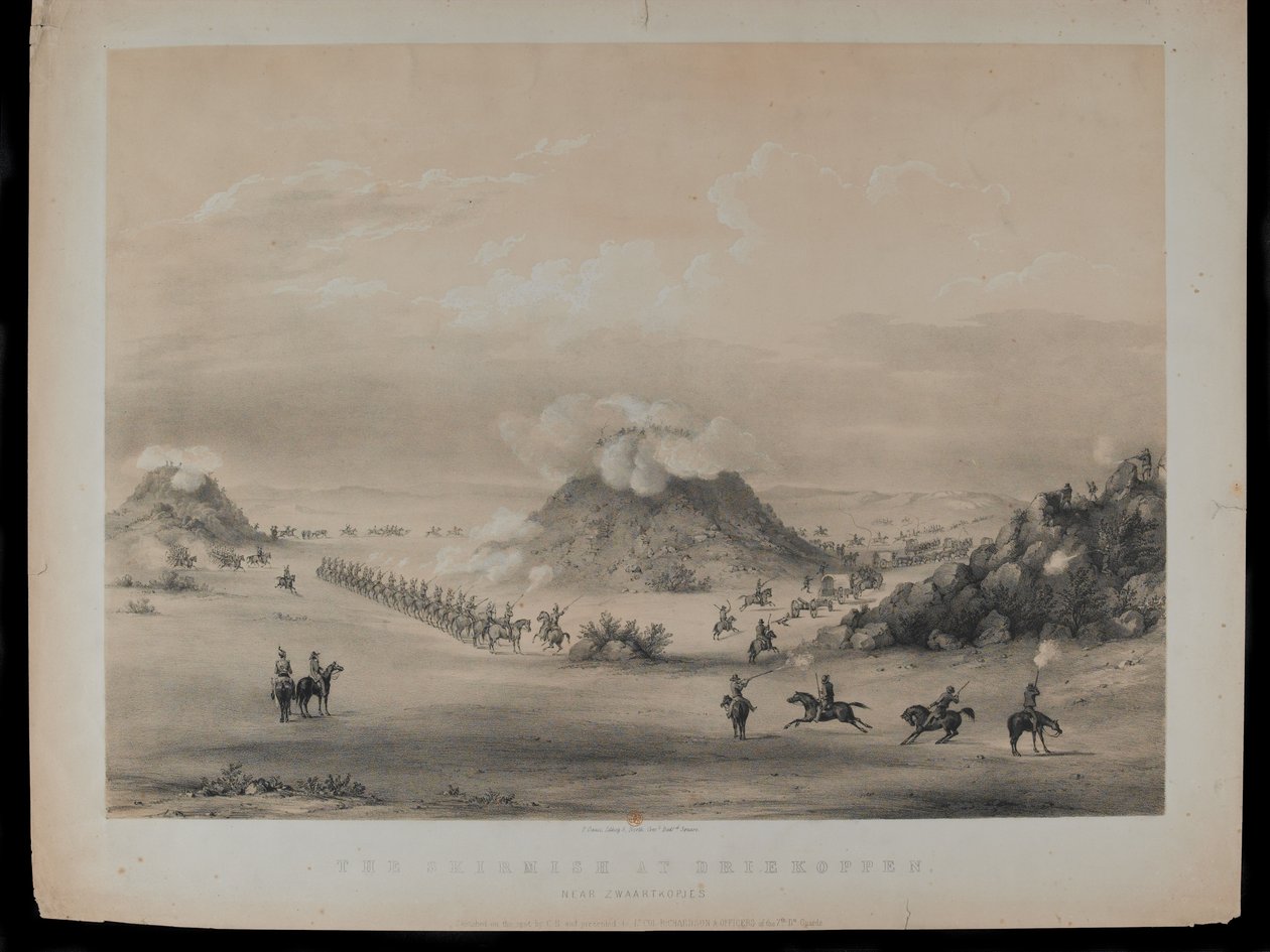 1845年Zwaartkopjes附近的Driekoppen的小冲突，由Paul Gauci（1834-66）镌刻，发表于1845年 作者 英语学校
