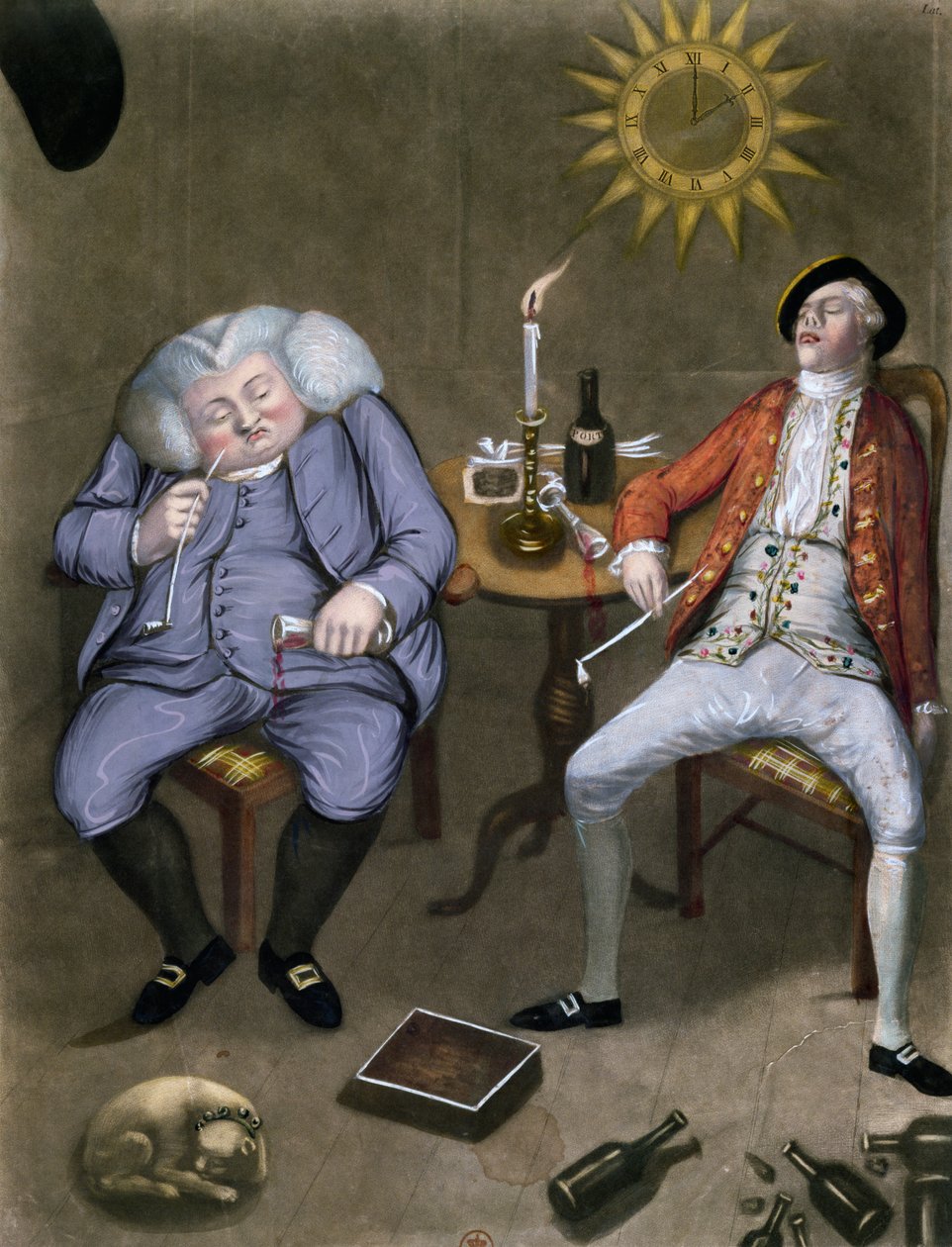 瓶子和朋友的坚定享受，1774年（彩色光刻用水粉加高） 作者 英语学校