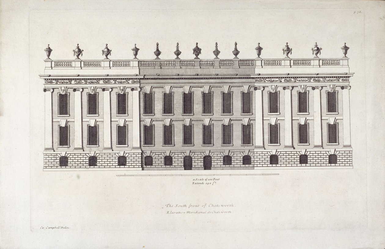 “查茨沃斯南前线”，来自 Colen Campbell 的“Vitruvius Britannicus 或英国建筑师”的插图（版画） 作者 英语学校