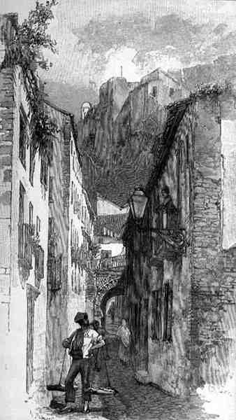 西班牙马拉加Alcazar下面的街道，出自《地中海风景画》第三卷，由Cassell and Co.出版。Ltd.出版。 作者 英语学校