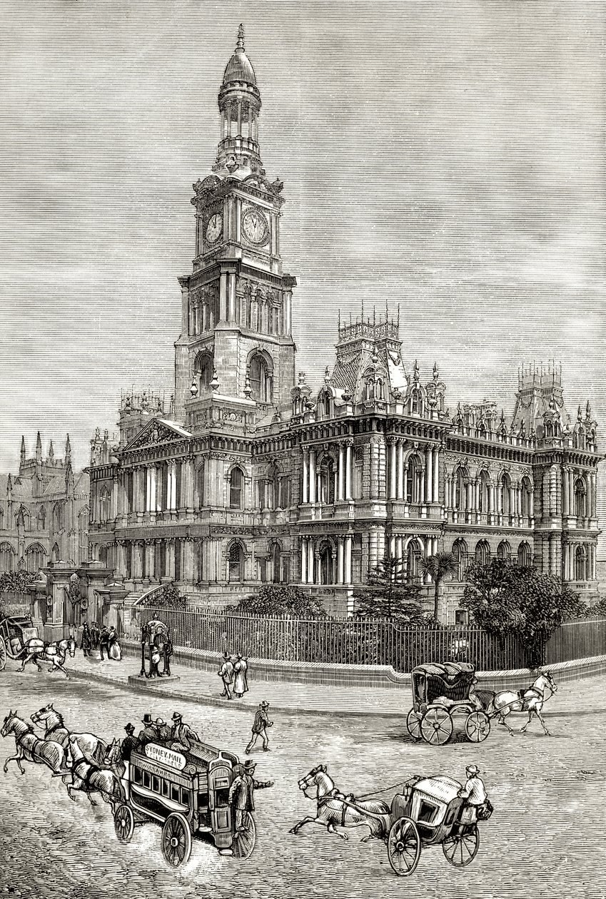 悉尼市政厅，1880年，来自霍华德威洛比的“澳大利亚图片”，由伦敦宗教学会出版，1886年 作者 英语学校