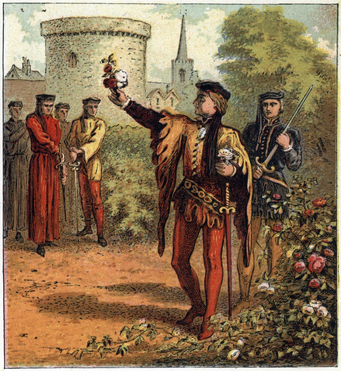 The War of the Two Roses (1455-1485): the beginning of the conflict. One Lord of the Royal House of York picks a white rose and another from the Royal House of Lancaster picks a red rose. Illustration of the English Civil War born by the division of the su 作者 英语学校