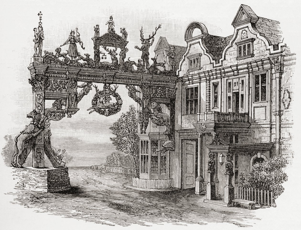 The White Hart Inn，17世纪的Scole，Norfolk，来自JR Green的“英国人的短暂历史”，1893年出版 作者 英语学校