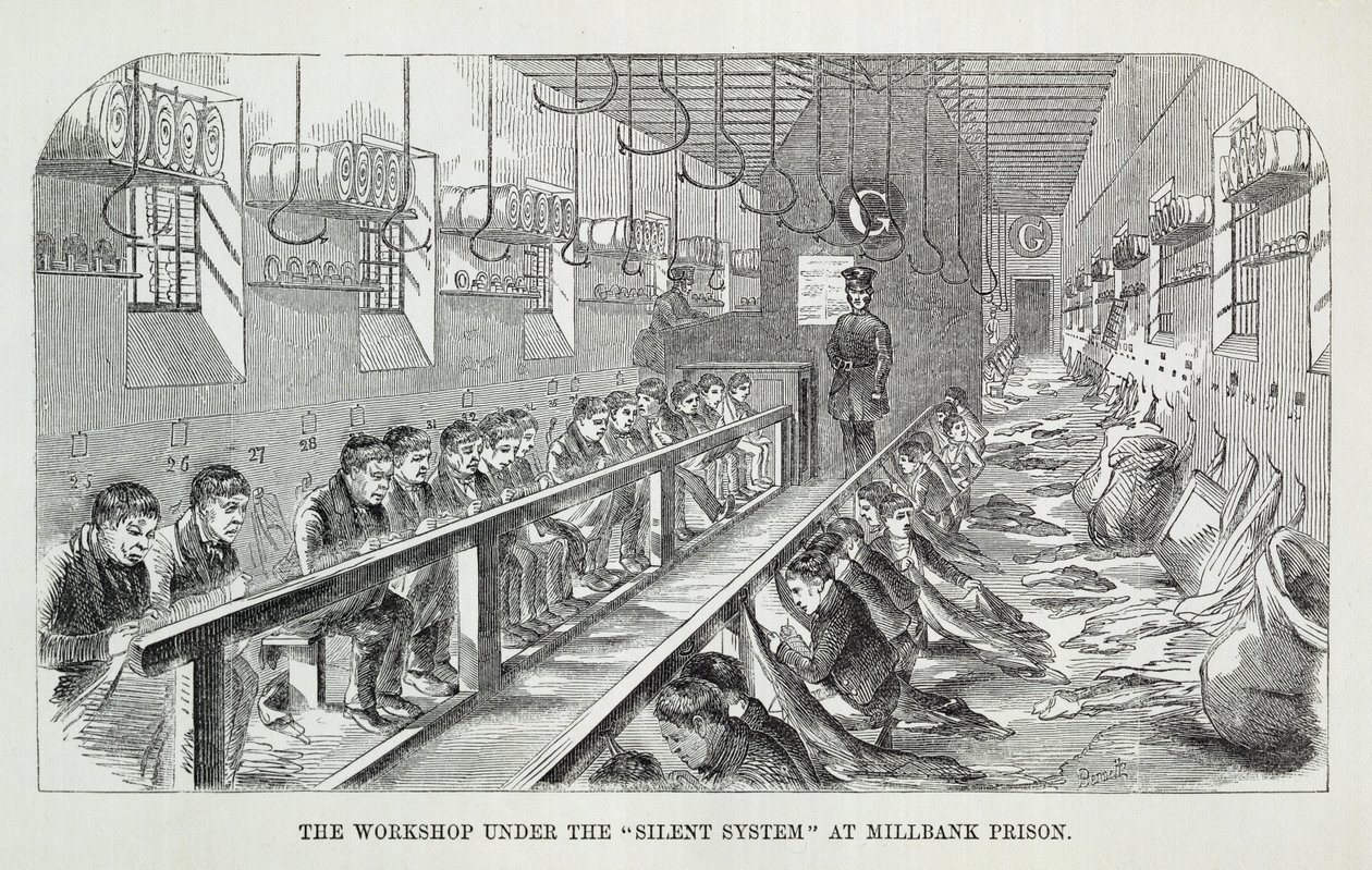 Millbank监狱沉默系统下的工作坊，伦敦刑事监狱和监狱生活场景，Henry Mayhew（1812-87）和John Binny，1862年 作者 英语学校