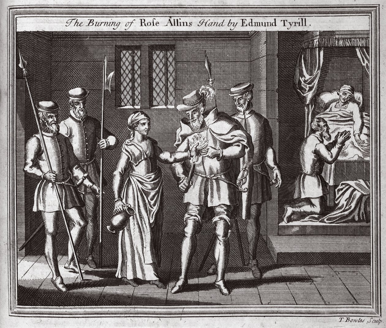 Edmund Tyrill焚烧Rose Allins手，来自Foxes Martyrs c.1703的插图 作者 英语学校