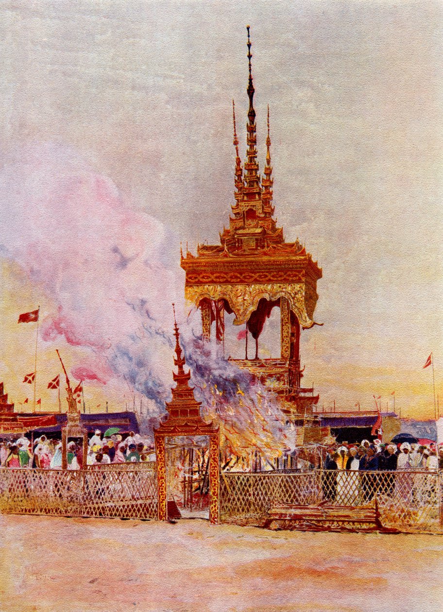 缅甸僧侣或庞吉的火化，选自《世界风俗》，约 1913 年出版（印刷品） 作者 英语学校