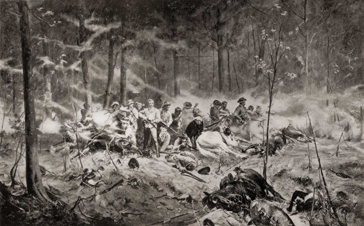 1893 年第一次马塔贝勒战争期间，艾伦-威尔逊少校在马塔贝勒兰的香加尼河上最后的阵地，取材于艾伦-斯图尔特的画作，选自路易斯-克雷斯维克所著的《南非和德兰士瓦战争：第一卷》，1900 年出版（石版印刷）。 作者 英语学校