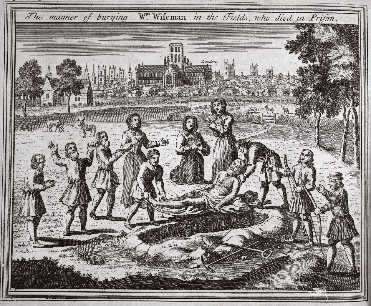在监狱中死去的Wm Wiseman埋葬的方式，来自Foxes Martyrs的插图c.1703 作者 英语学校