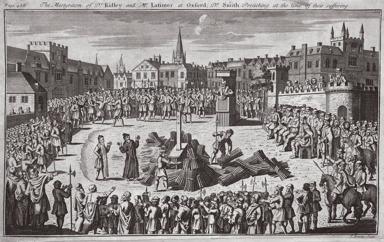 雷德利博士和拉蒂默先生在牛津殉教，史密斯博士在他们受难时讲道，插图选自《狐狸殉教者》，约 1703 年（石版印刷）。 作者 英语学校