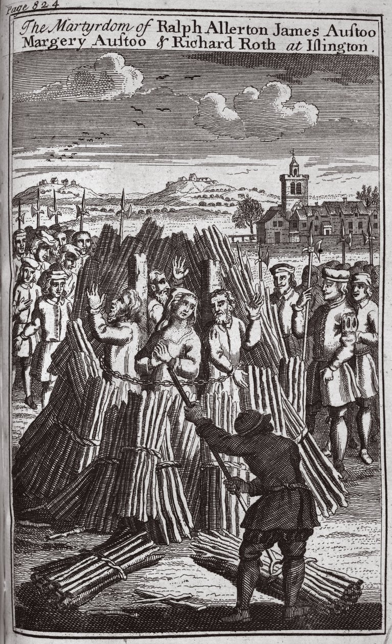 拉尔夫-阿勒顿-詹姆斯-奥斯特、玛格丽-奥斯特和理查德-罗斯在伊斯灵顿殉难，插图选自《狐狸殉难者》，约 1703 年（石版印刷）。 作者 英语学校