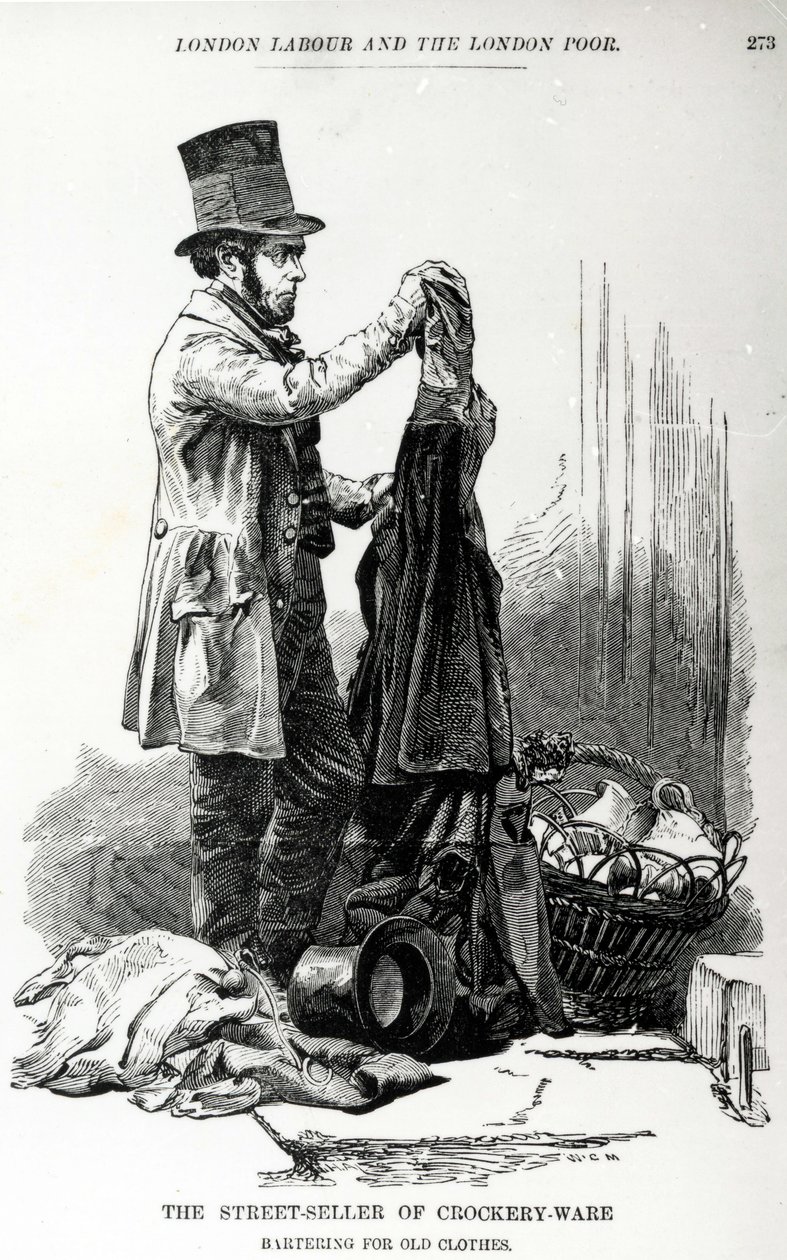 陶器商品的街头卖家换取旧衣服，1840年 作者 英语学校