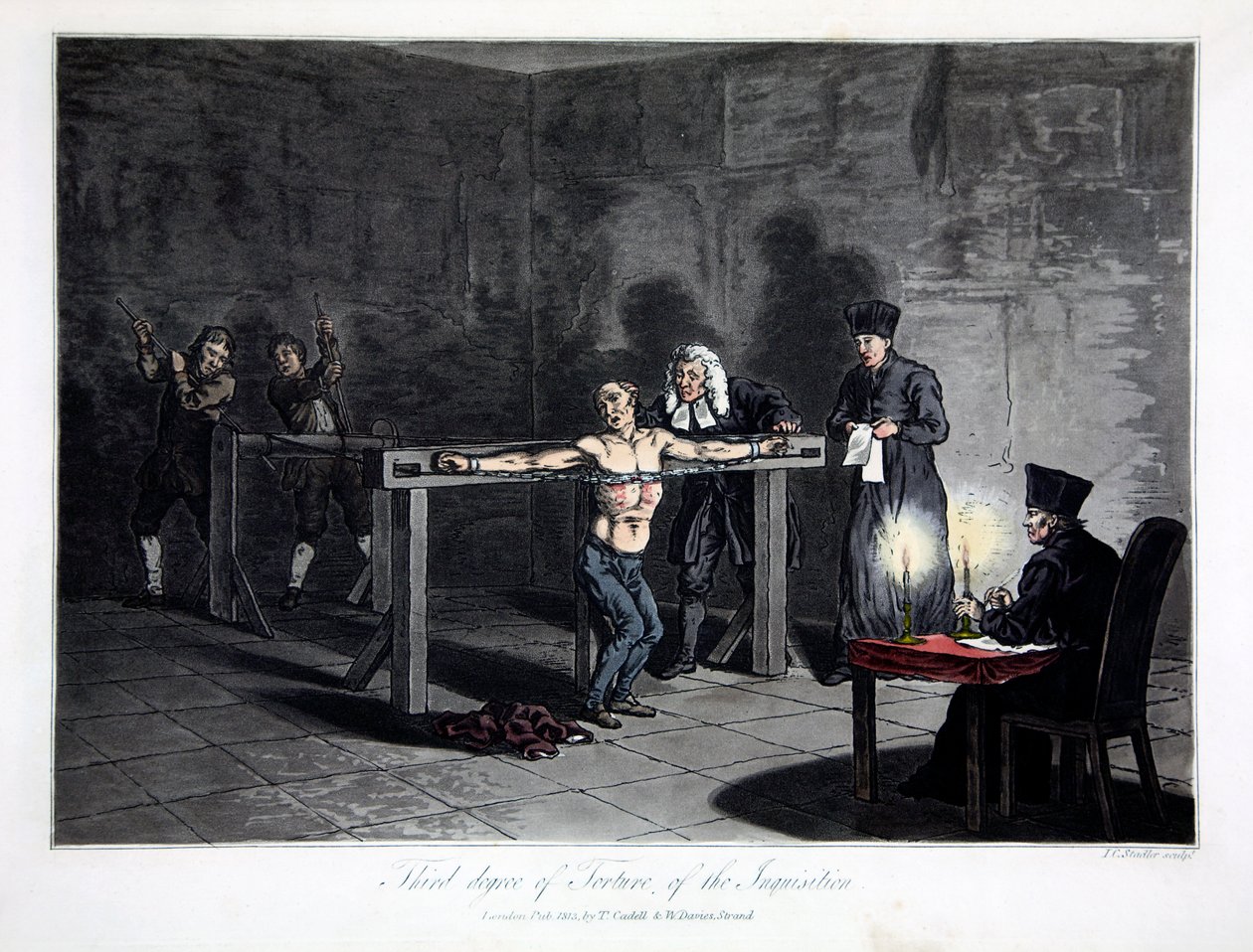 宗教裁判所的三级酷刑》，L.C. Stadler 版画，伦敦 Cadell  Davies 出版社出版，约 1813 年（彩色版画） 作者 英语学校