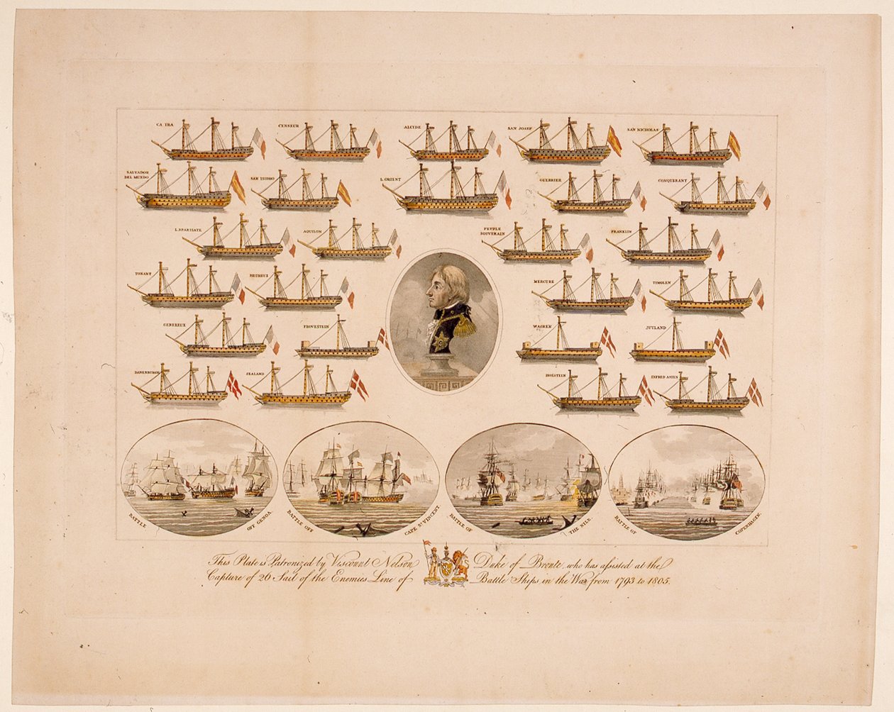 This Plate is Patronized by Viscount Nelson Duke of Bronte who has Assisted at the Capture of 26 Sail of the Enemies Line of Battle Ships in the War from 1793 to 1805 (coloured engraving) 作者 英语学校