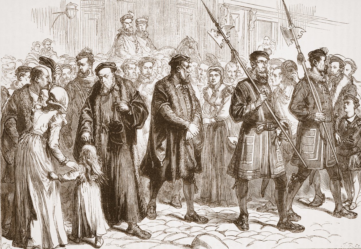 托马斯·比尔尼 (Thomas Bilney) 走向火刑柱，插图来自詹姆斯·艾特肯·怀利 (James Aitken Wylie，1808-1890) 所著的《新教历史》，酒吧。 1878年（雕刻） 作者 英语学校