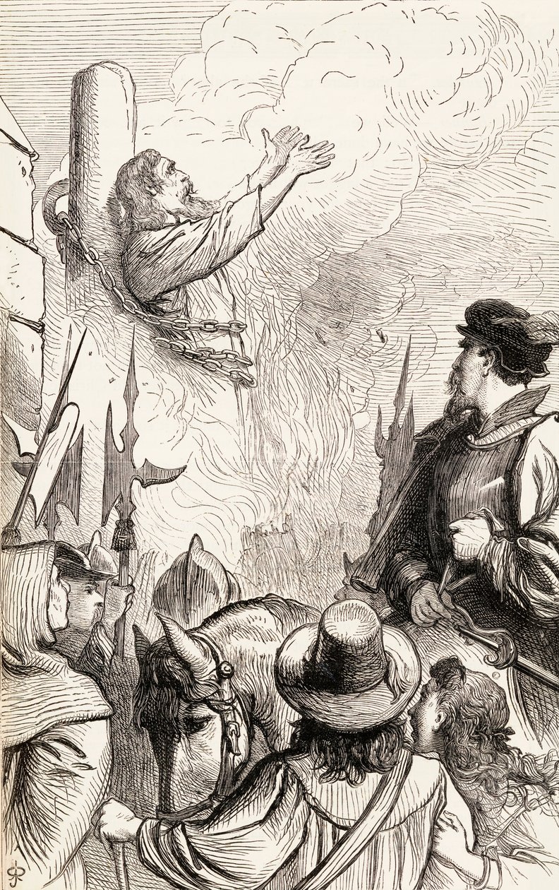 托马斯·霍克斯在玛丽安迫害期间烧伤，1865年（木版画） 作者 英语学校