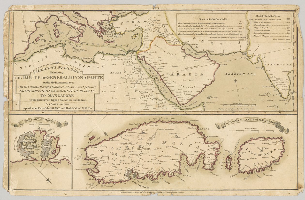 三张印刷的彩色地图：Fairbury新图表展示了地中海波拿巴将军的路线，1798年 作者 英语学校