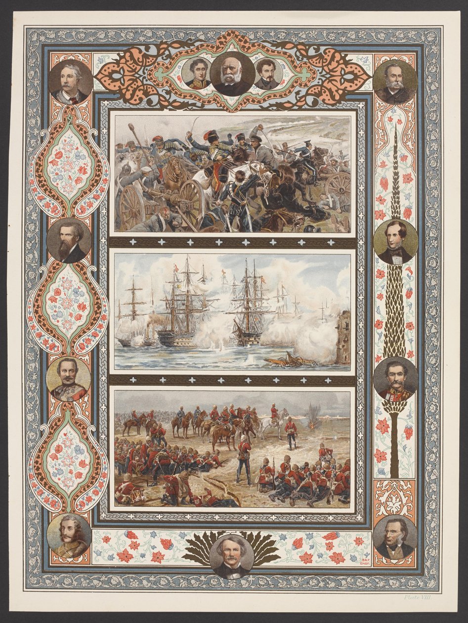 Three vignettes depicting naval and land battle scenes, including R Caton Woodville