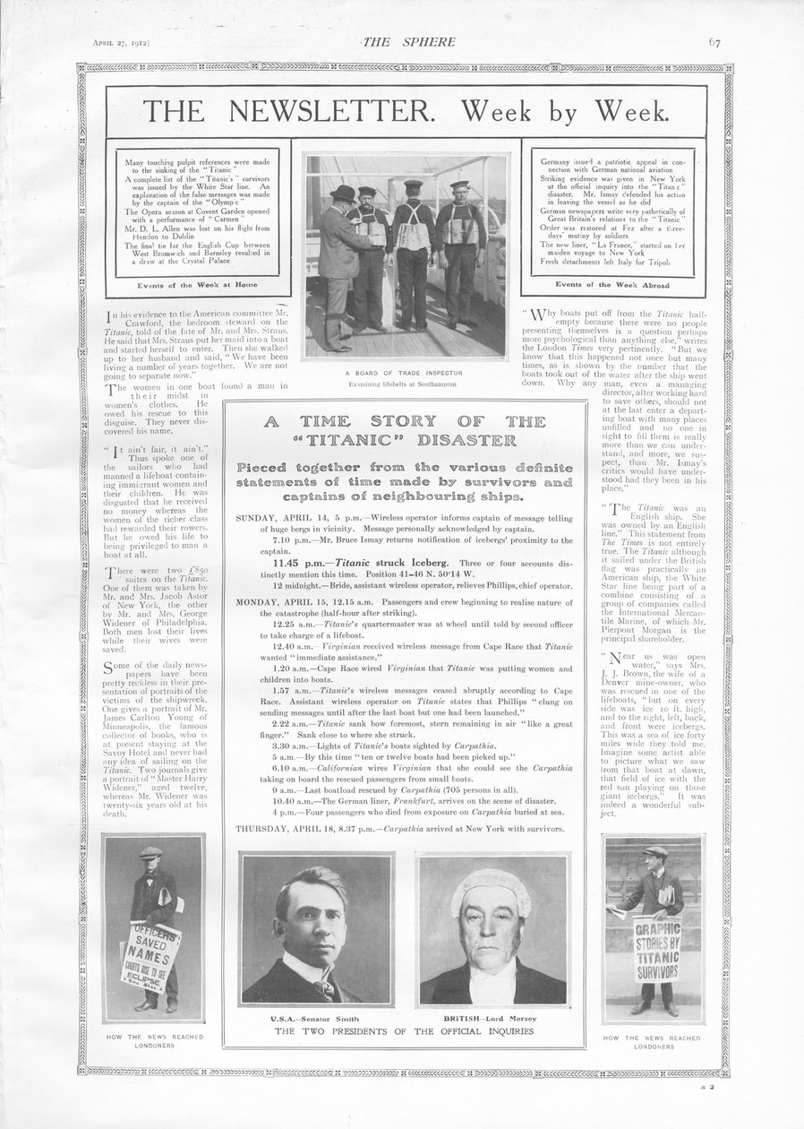 关于泰坦尼克号沉没的事件和文章的时间表，来自The Sphere，1912年4月27日 作者 英语学校