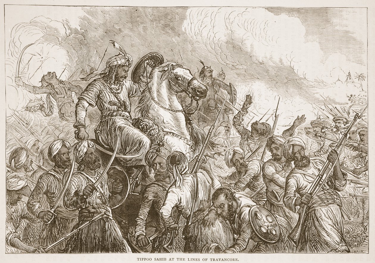 Tippoo Sahib在Travancore的线条，插图来自卡塞尔斯画报的印度历史由詹姆斯格兰特，酒吧。 1879年 作者 英语学校
