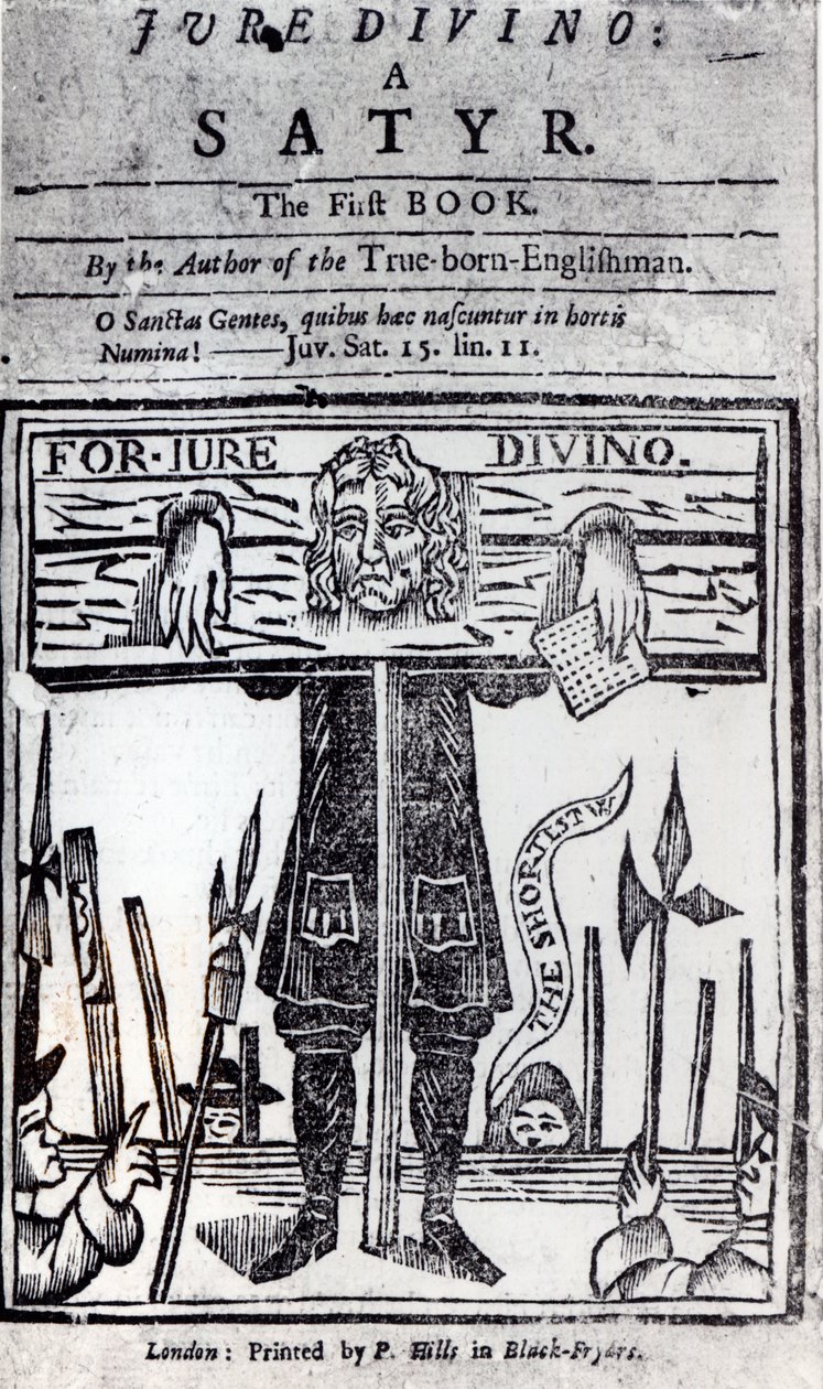 Jure Divino的第一本书的标题页 - 丹尼尔·迪福（1660-1731）的萨特尔出版于1706年 作者 英语学校