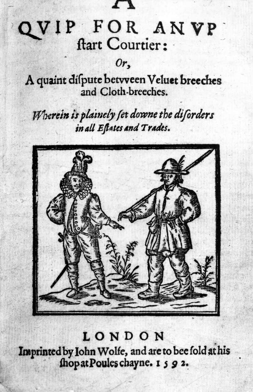 新贵Courtier的Quip的标题页：或者，1592年出版的Robert Greene的天鹅绒马裤与布料马裤之间的古怪争执（木刻和凸版印刷） 作者 英语学校