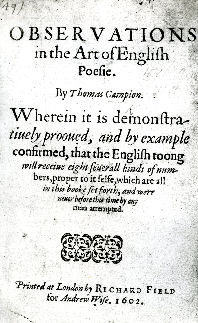英国诗歌艺术观察的标题页，作者：Thomas Campion，1602年出版（印刷版） 作者 英语学校