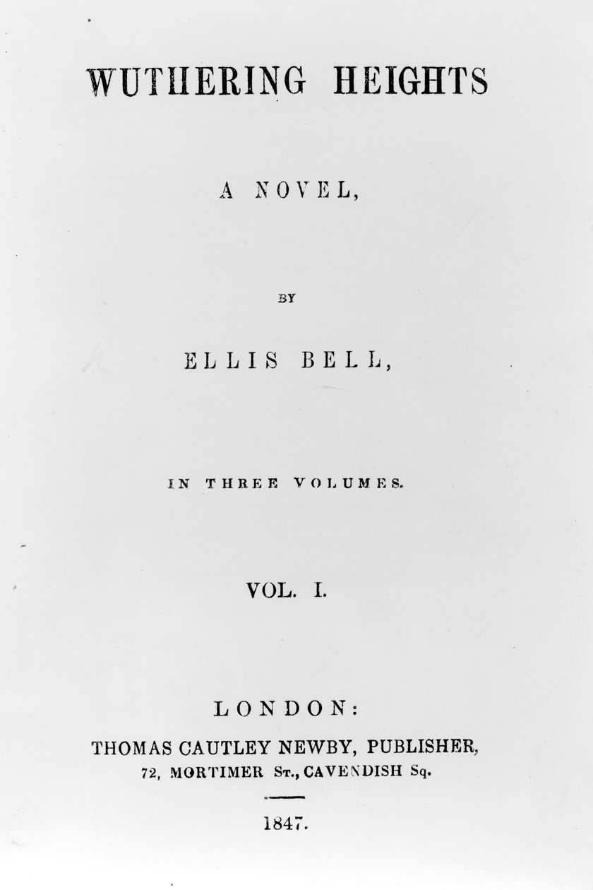 1847年出版的埃利斯·贝尔（Emily Bronte的化名）第一版“呼啸山庄”的标题页（印刷纸） 作者 英语学校