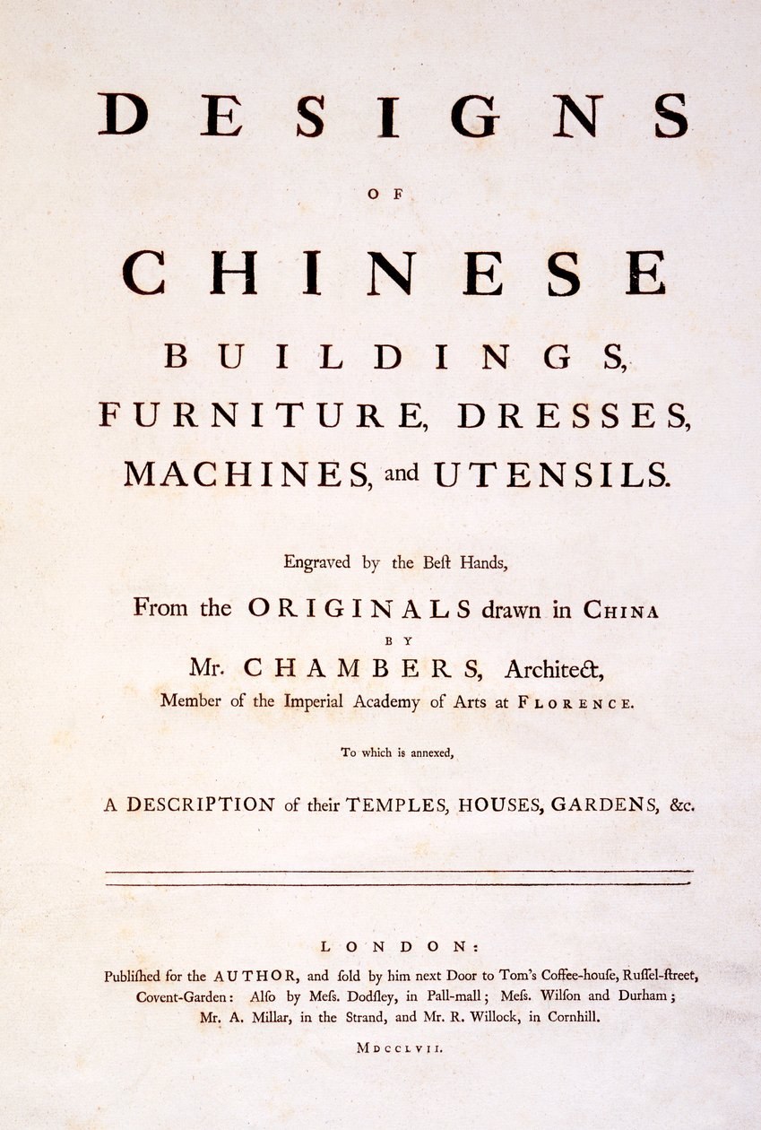 中国建筑，家具，连衣裙，机器和器具设计的标题页，1757（打印） 作者 英语学校